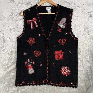 VTG 90s Koret Christmas Sweater Vest Small Black Red Applique Grandma Core Retro